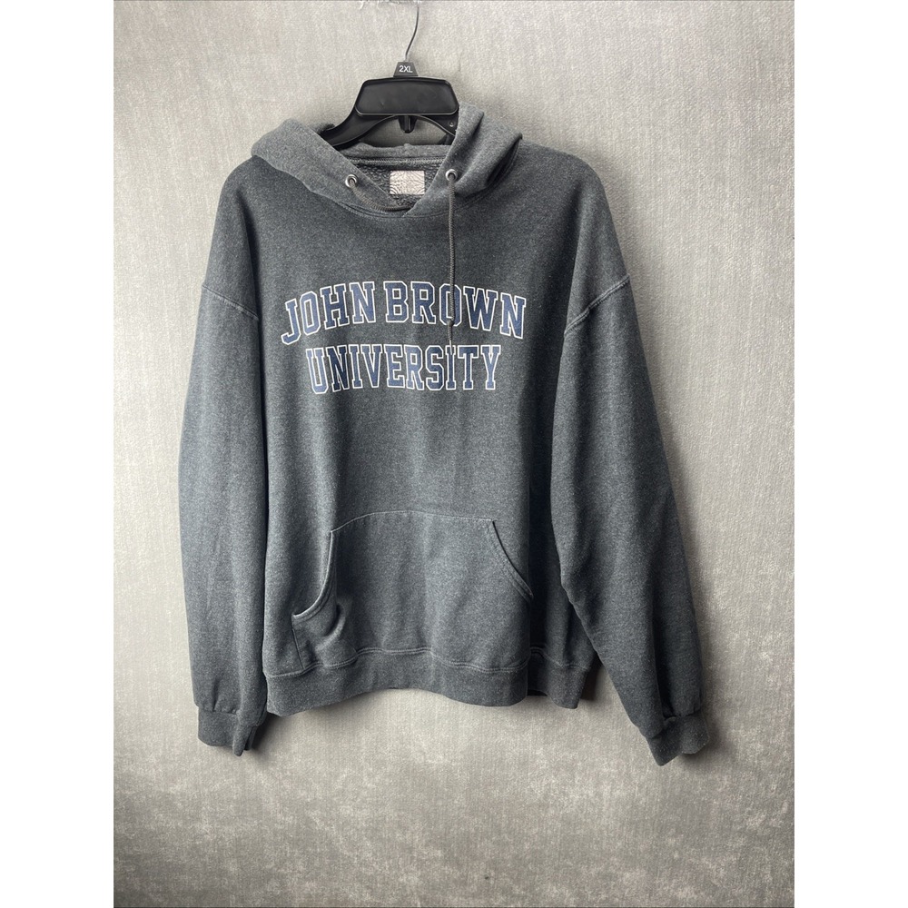 John Brown University College Hoodie Sweatshirt Tee Gray Size L.